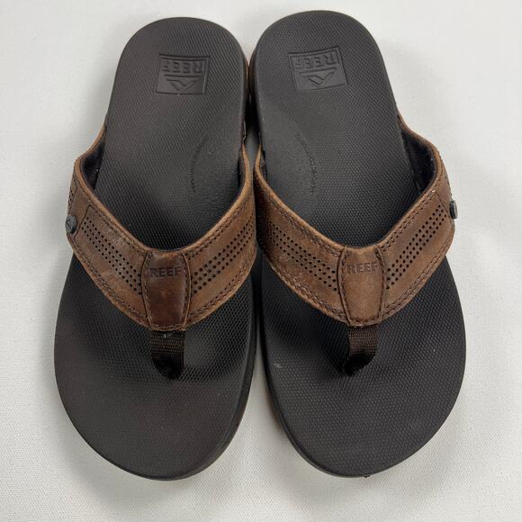 REEF Men's Brown Leather Flip Flop Sandals Anatomic Contouring Footbed Size 8 - Picture 2 of 9